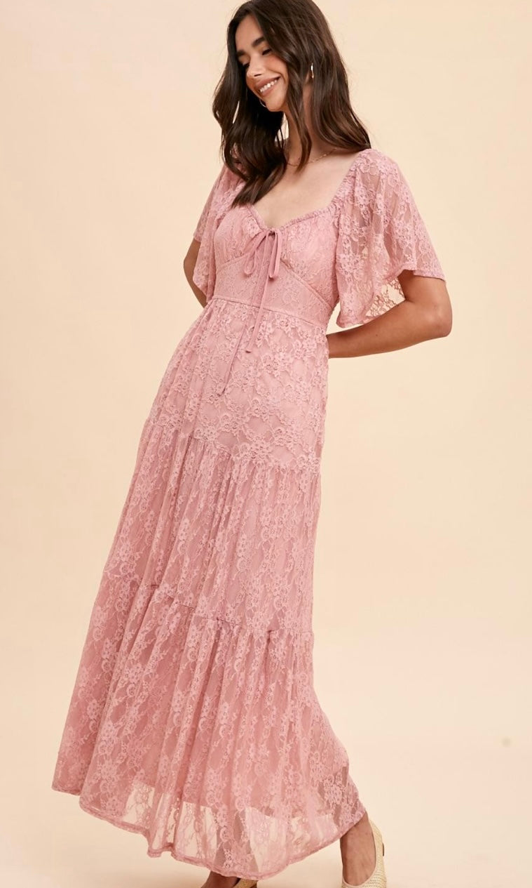 Argy Mauve Pink Lace Tiered Smocked Maxi Dress