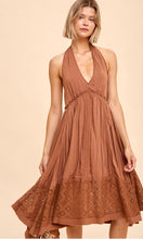 Amanda Coconut Brown Halter Lace Trim Midi Dress
