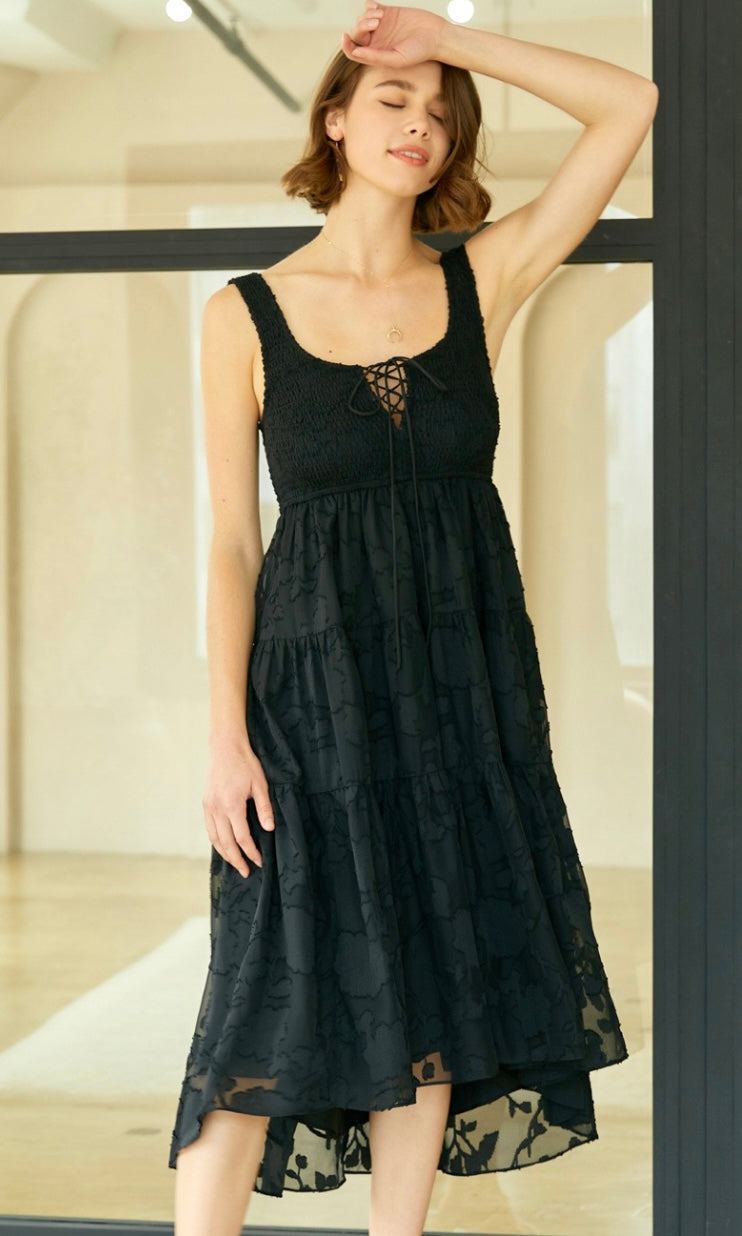 Acary - Black Smocked Floral Texture Midi Dress