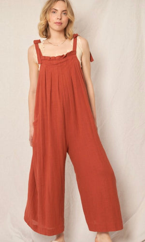 Aveny Rust Shoulder-Tie Pocket Romper Jumpsuit