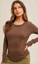 Adexa Brown Snowwash Cuff Detail Ribbed Knit Top