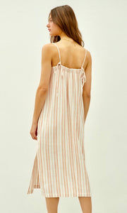 Abiah Sandstone Linen Stripe Side Pocket Midi Dress