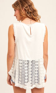 Atanis White Crochet Contrast Flyaway Hem Tank Top Shirt