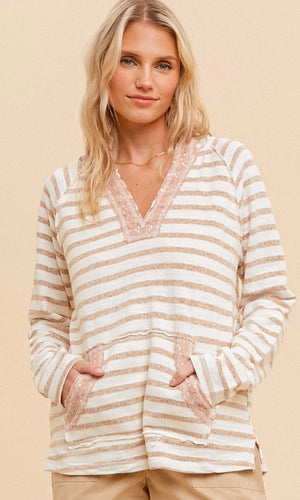 Arach Natural Stripe Drawstring Pullover Hoodie Sweatshirt