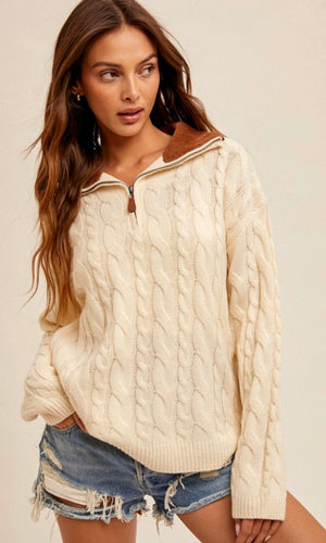 Alliar Ivory Cableknit 1/2 Zip Corduroy Collar Sweater