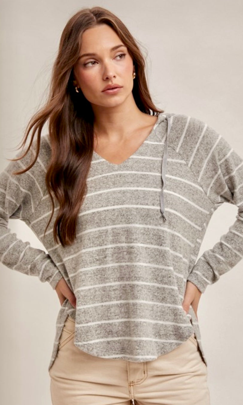 Adene Heather Grey Brushed Stripe High-Low Hoodie Knit Top