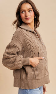 Lyam Fawn Chunky Cable Knit Half Zip Sweater