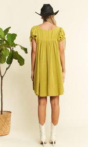 Dream Lime Green Washed Linen Bubble Sleeve Dress