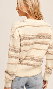 Acasta Ecru Variegated Stripe Button Front Cardigan Sweateri