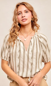 Akriti Olive Texture Stripe Peasant Shirt Top