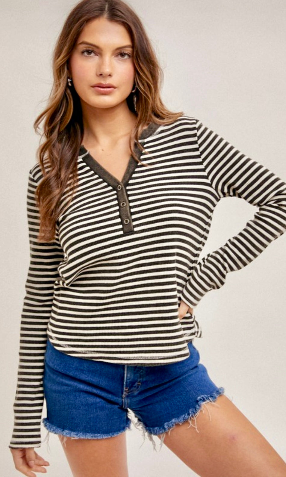 Aspian Snow-Washed Black Stripe Henley Knit Top