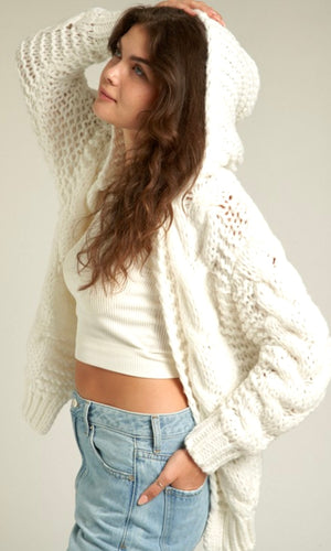 Asdy Ivory Cableknit Hoodie Cardigan Sweater Top