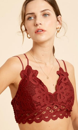 Alissa Burgundy Lace Trim Smocked Back Adjustable Strap Bralette