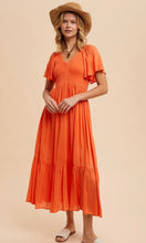 Artiste Sunset Orange Washed Satin Empire Smocked Midi Dress