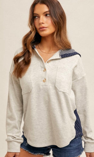 Alova  Heather Grey Contrast Jacquard Brushed Hoodie Knit Top