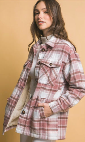 Avale Pink Plaid Sherpa Lined Side Pocket Shacket Jacket