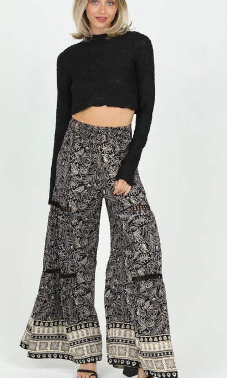 Asay Black Border Print Lace Inset Smocking Waist Wide Leg Pants