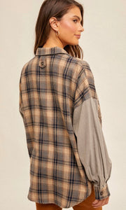 Abrem Slate Grey Snow Washed Plaid Mixed Media Shirt Shacket Top