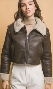 Armyn Brown Vegan Leather Shearling Contrast Side Pocket Jacket