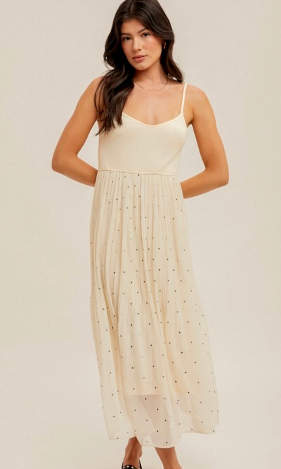 Aylan Cream Polka Dot Pleated Cami Midi Dress