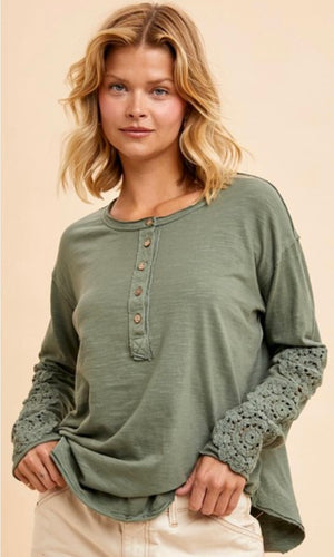 Ambry Mountain Sage Washed Cotton Crochet Cuff Knit Top