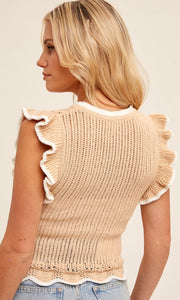 Ajolia Taupe Pointelle Sweater Knit Top