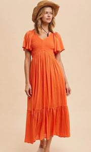 Artiste Sunset Orange Washed Satin Empire Smocked Midi Dress