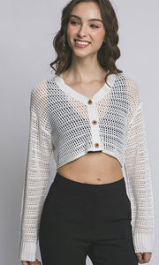 Apollo White Crochet Crop Cardigan Sweater Top