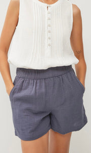 Adah Slate Cotton Gauze Smocked Waist Side Pocket Shorts