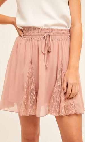 Abrook Dusty Mauve Elastic Waist Lace Godet Mini Skirt