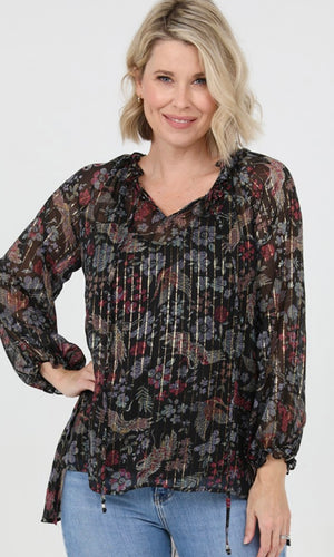 Asure Black Lurex  Floral Print Tunic Top Shirt