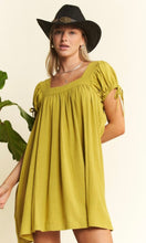 Dream Lime Green Washed Linen Bubble Sleeve Dress