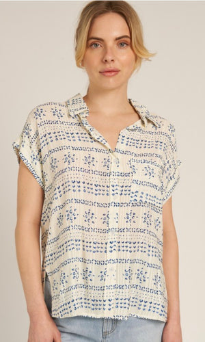 Cellie Navy Floral Short Sleeve Button Front Shirt