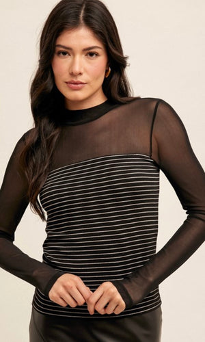 Abica Black Stripe Mesh Contrast Knit Top