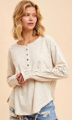 Ambry Cream Washed Cotton Crochet Cuff Knit Top