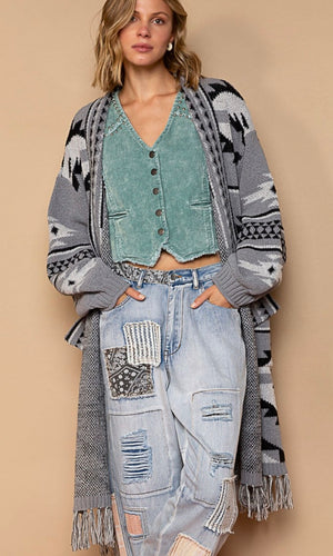 *SALE! Anika - Black Aztec Chenille Fringe Self-Tie Pocket Midi Cardigan Sweater Coat