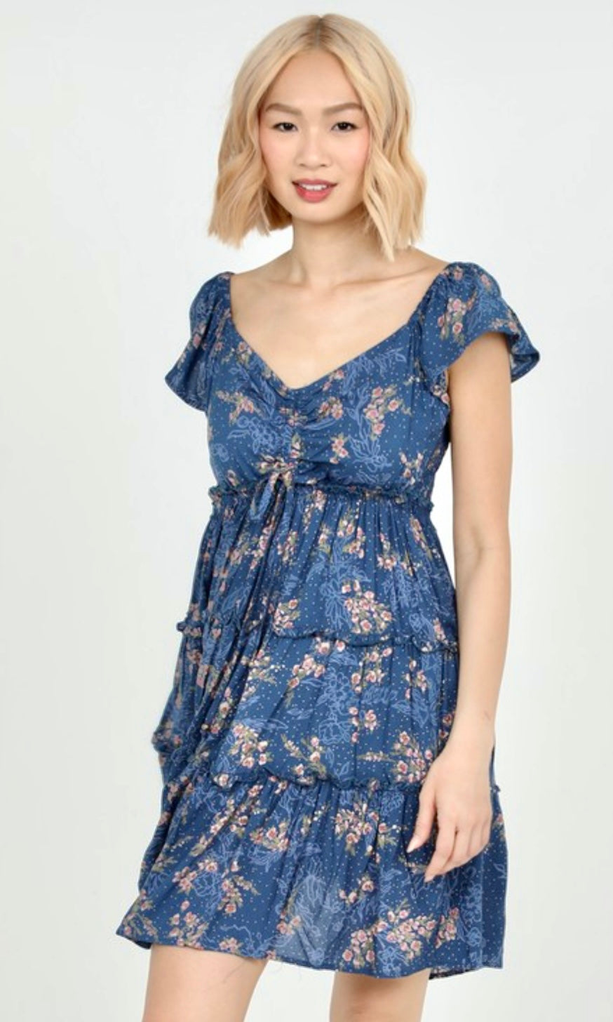 Alette Blue Floral Print Smocked Dress