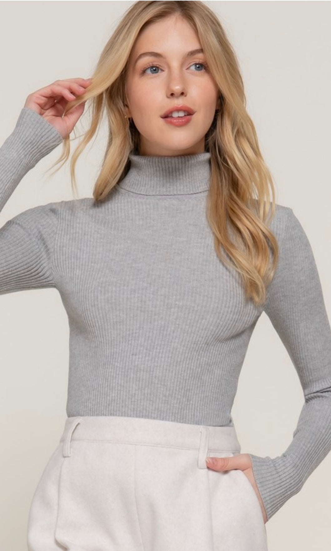 Cambria Grey Turtle Neck Fitted Rib Knit Sweater Top