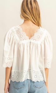 Dominik V-Neck Short Sleeve Eyelet Detail Top