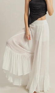 Denzel White High-Waist Ruffle Flared Wide Leg Pants