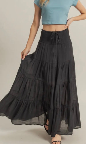 Diego Black Smocked Waist Tiered Maxi Skirt