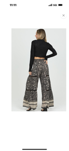 Asay Black Border Print Lace Inset Smocking Waist Wide Leg Pants