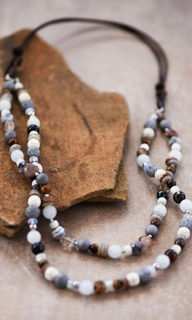 Bohemian Black and Grey Double Strand Stone Bead Necklace