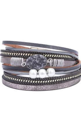 Boho Chic Grey Multi Strand Leather Silver Bracelet