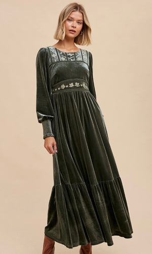 *SALE! Anya - Olive Boho Emboridered Folklore Velvet Maxi Dress