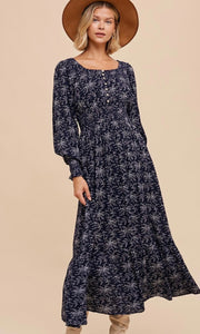 *SALE! Andary - Midnight Floral Smocking Long Sleeve Maxi Dress