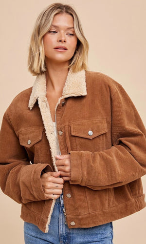 Amey Camel Shearling Corduroy Side Pocket Trucker Jacket Coat