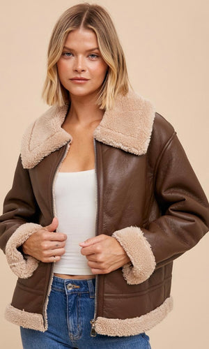 Archey Mocha Brown Vegan Leather Shearling Side Pocket Jacket Coat