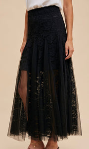 Anvy - Black Lace Panel Smocked Godet Maxi Skirt