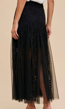 Anvy - Black Lace Panel Smocked Godet Maxi Skirt